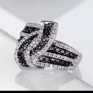Private Label Silver Knot Ring with Black and White Pave’ Crystals 10 1/2